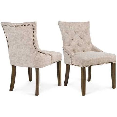 Image of Set of 2 - Traditional Beige Linen Upholstered Dining Chair with Nail-head Trim