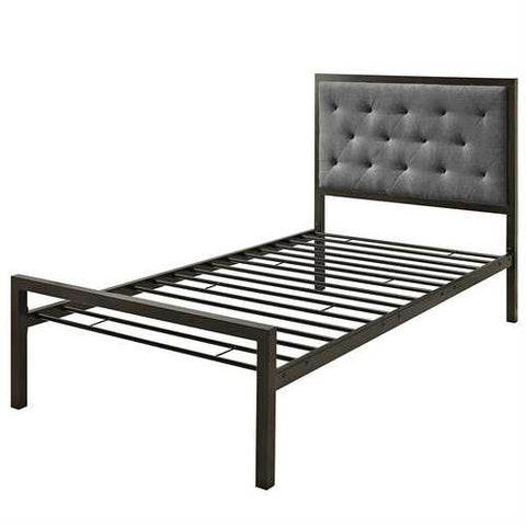 Image of Twin size Metal Platform Bed with Gray Fabric Button Tufted Upholstered Headboard