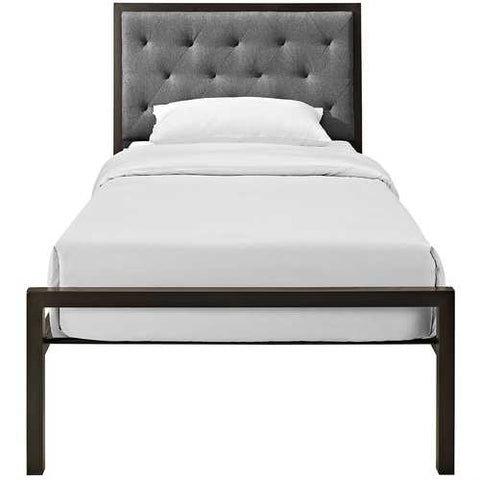 Image of Twin size Metal Platform Bed with Gray Fabric Button Tufted Upholstered Headboard