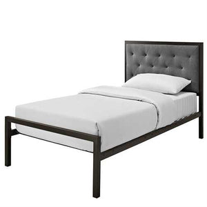 Twin size Metal Platform Bed with Gray Fabric Button Tufted Upholstered Headboard