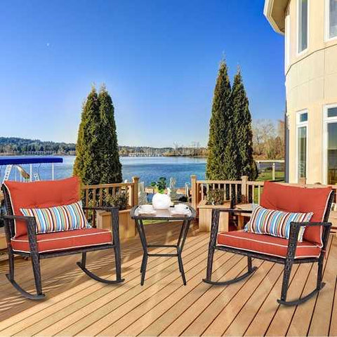 Image of Outdoor 3-Piece Rattan Rocking Chairs and Table Set with Red Cushions