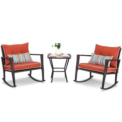 Image of Outdoor 3-Piece Rattan Rocking Chairs and Table Set with Red Cushions