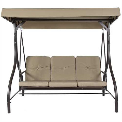 Image of Tan 3-Seat Outdoor Porch Deck Patio Canopy Swing with Cushions