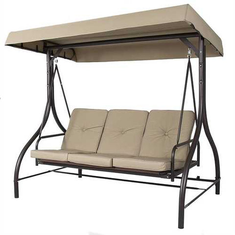 Image of Tan 3-Seat Outdoor Porch Deck Patio Canopy Swing with Cushions