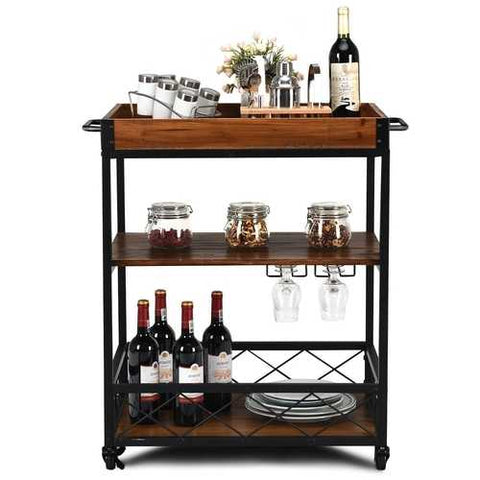 Image of Wood Iron Kitchen Cart with Removeable Tray Top and Wheels