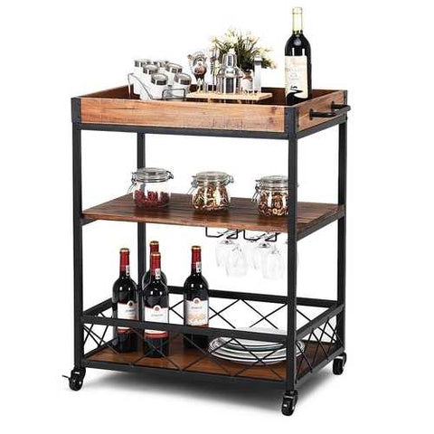 Image of Wood Iron Kitchen Cart with Removeable Tray Top and Wheels