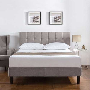 Twin Medium Grey Upholstered Platform Bed Frame with Button Tufted Headboard