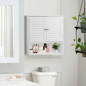 White Wall Mount Bathroom Cabinet with Louver Doors and Metal Knobs