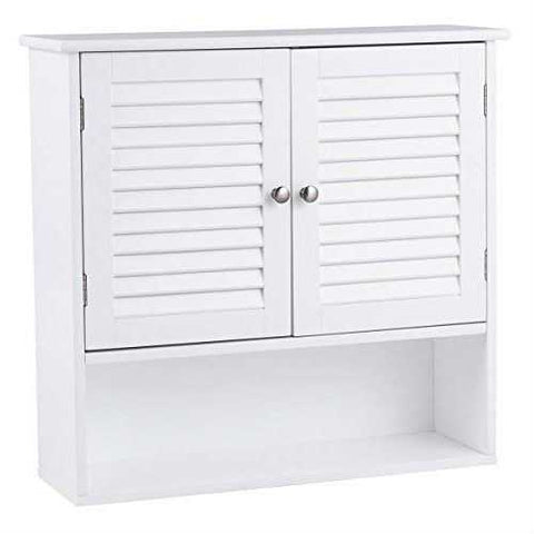 Image of White Wall Mount Bathroom Cabinet with Louver Doors and Metal Knobs