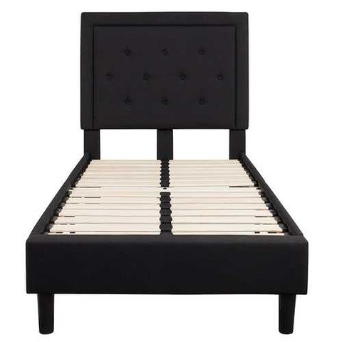 Image of Twin Black Fabric Upholstered Platform Bed Frame with Tufted Headboard