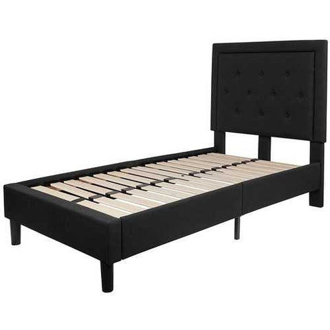 Image of Twin Black Fabric Upholstered Platform Bed Frame with Tufted Headboard