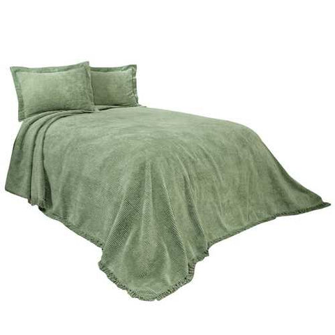 Image of Twin size Sage Green Cotton Chenille Bedspread with Fringe Edge