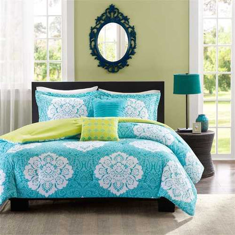 Image of Twin size Teal Blue Damask Comforter Set with Green Accents