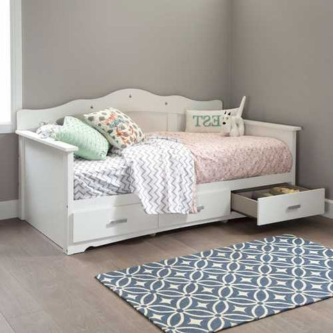 Image of Twin size Kids Bed Daybed in White Wood Finish with 3 Storage Drawers