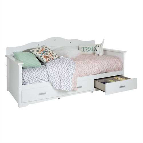 Image of Twin size Kids Bed Daybed in White Wood Finish with 3 Storage Drawers