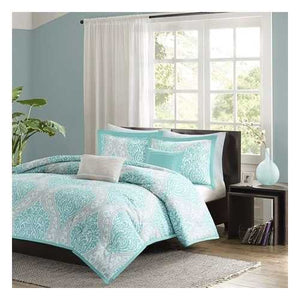 Twin / Twin XL Aqua Teal Turquoise Blue White Modern Damask Comforter Set