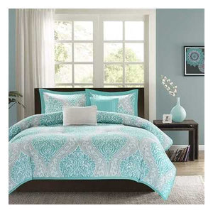 Twin / Twin XL Aqua Teal Turquoise Blue White Modern Damask Comforter Set