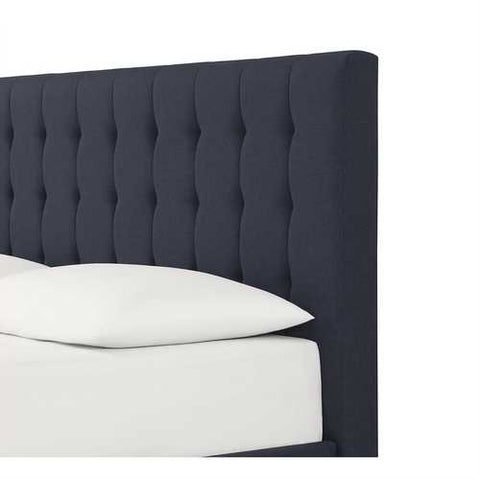 Image of Twin Blue Linen Upholstered Platform Bed with Headboard