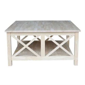 Square Unfinished Solid Wood Coffee Table with Bottom Shelf