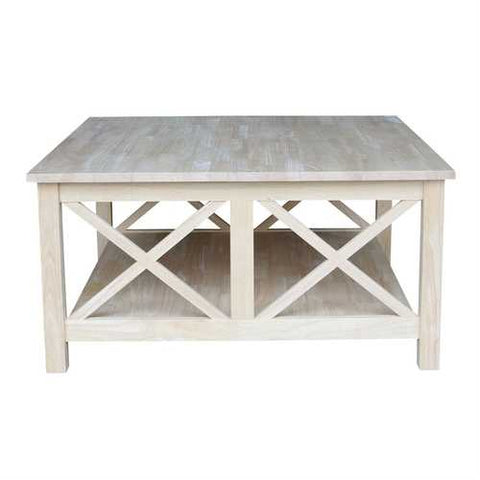 Image of Square Unfinished Solid Wood Coffee Table with Bottom Shelf