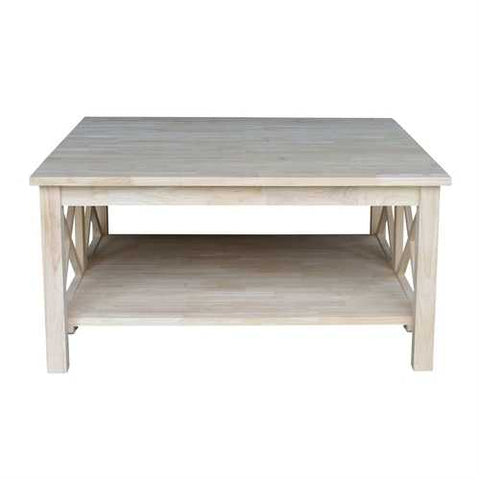 Image of Square Unfinished Solid Wood Coffee Table with Bottom Shelf