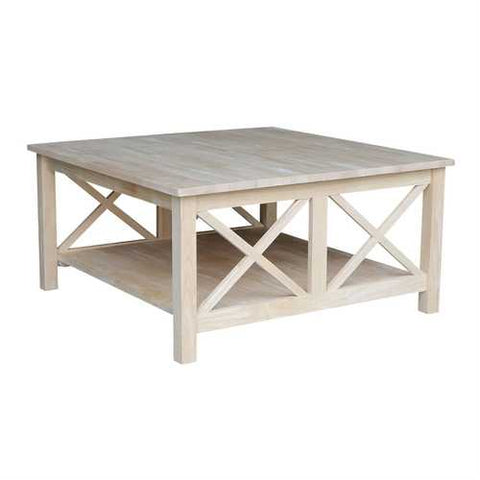 Image of Square Unfinished Solid Wood Coffee Table with Bottom Shelf