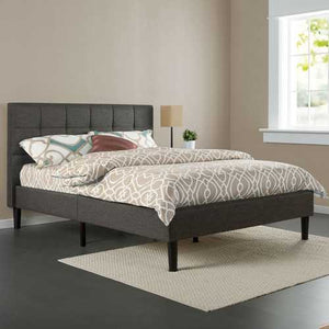 Queen size Dark Grey Upholstered Platform Bed Frame with Headboard