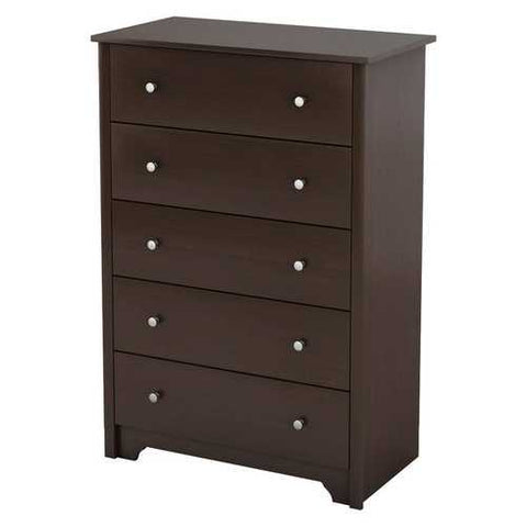 Image of Dark Brown Chocolate Woof Finish 5-Drawer Bedroom Chest of Drawers with Metal Knobs