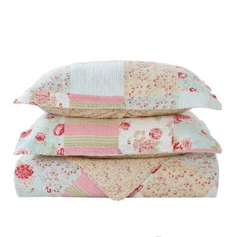 Image of King size 3-Piece Cotton Patchwork Quilt Set with Pink Blue Floral Pattern