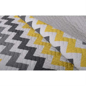 King Chevron Yellow Grey White Reversible Coverlet Quilt Set