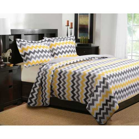 Image of King Chevron Yellow Grey White Reversible Coverlet Quilt Set