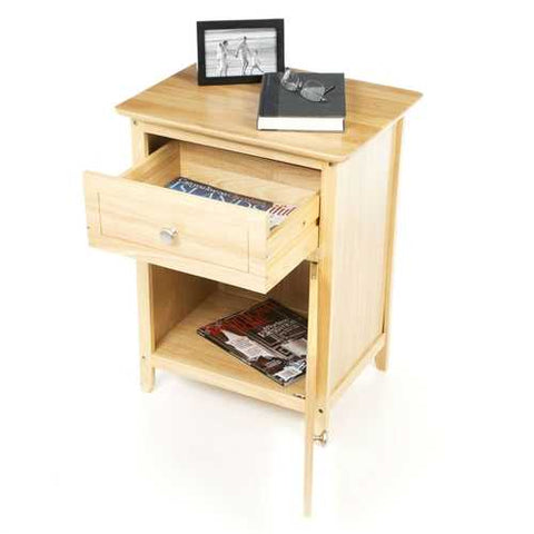 Image of Natural Wood Finish 1-Drawer Bedside Table Cabinet Nightstand