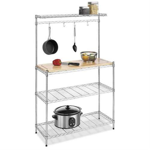 Image of Modern Bakers Rack in Chrome Steel with Removable Wood Cutting Board