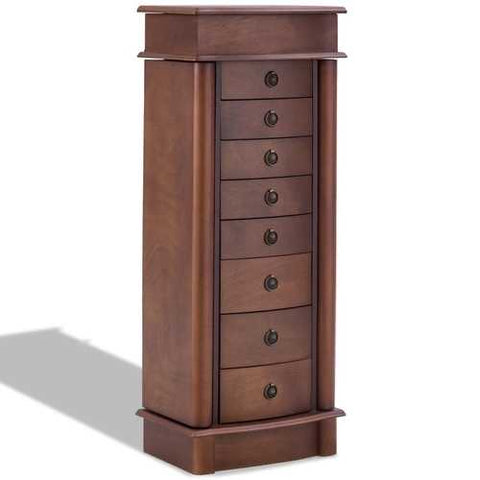 Image of Brown Wood 8-Drawer Jewelry Armoire Chest Storage Cabinet with Mirror