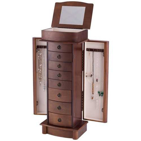 Image of Brown Wood 8-Drawer Jewelry Armoire Chest Storage Cabinet with Mirror