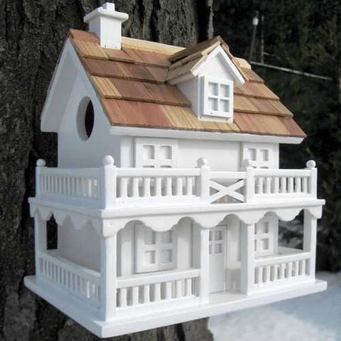 Image of White Cottage Style Wood Birdhouse with unpainted Nest Box Bird House