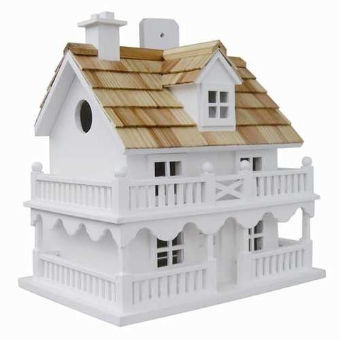 Image of White Cottage Style Wood Birdhouse with unpainted Nest Box Bird House