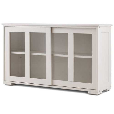 Image of Modern White Wood Buffet Sideboard Cabinet with Glass Sliding Door