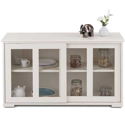 Image of Modern White Wood Buffet Sideboard Cabinet with Glass Sliding Door