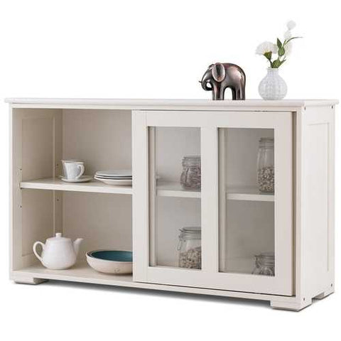 Image of Modern White Wood Buffet Sideboard Cabinet with Glass Sliding Door