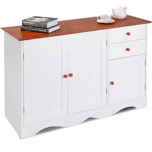 White Wood Sideboard Buffet Cabinet with Brown Top and Knobs