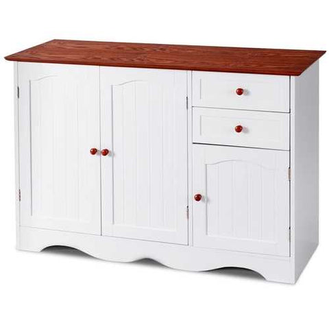 Image of White Wood Sideboard Buffet Cabinet with Brown Top and Knobs