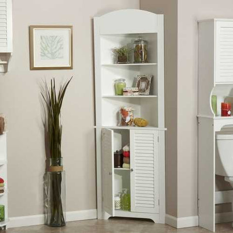 Image of Bathroom Linen Tower Corner Storage Cabinet with 3 Open Shelves in White