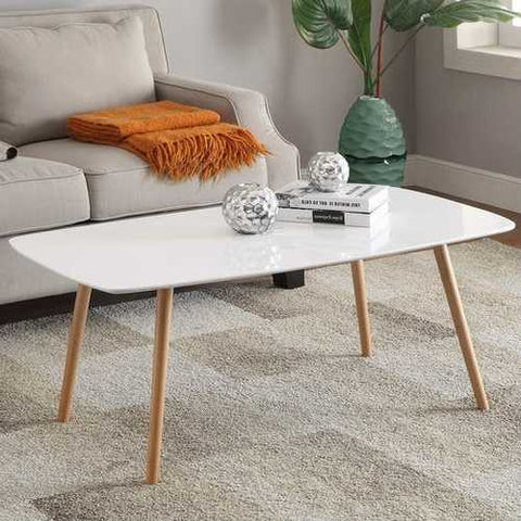 Image of White Top Mid-Century Coffee Table with Solid Wood Legs