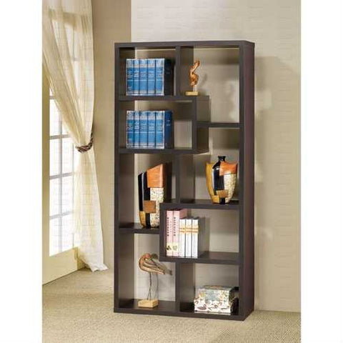 Image of Modern 70-inch High Display Cabinet Bookcase in Dark Brown Cappuccino Wood Finish