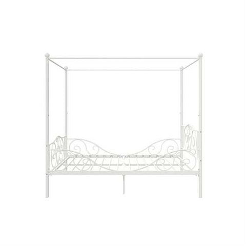 Image of Full size White Metal Canopy Bed Frame with Heavy Duty Steel Slats