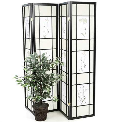 Image of Black 4-Panel Room Divider Shoji Screen with Asian Floral Print