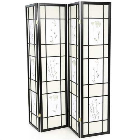 Image of Black 4-Panel Room Divider Shoji Screen with Asian Floral Print