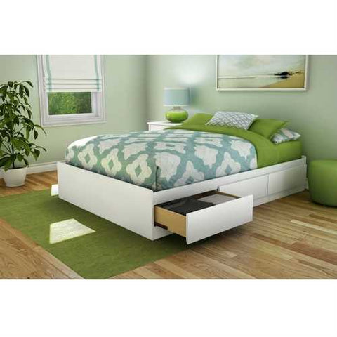 Image of Full size Contemporary Platform Bed with 3 Storage Drawers in White