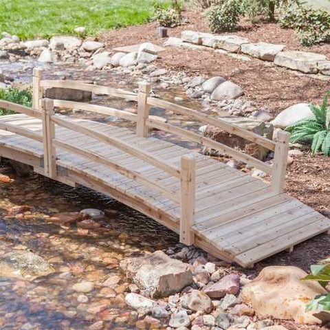 Image of 12-Ft Wooden Garden Bridge with Rails in Unfinished Fir Wood